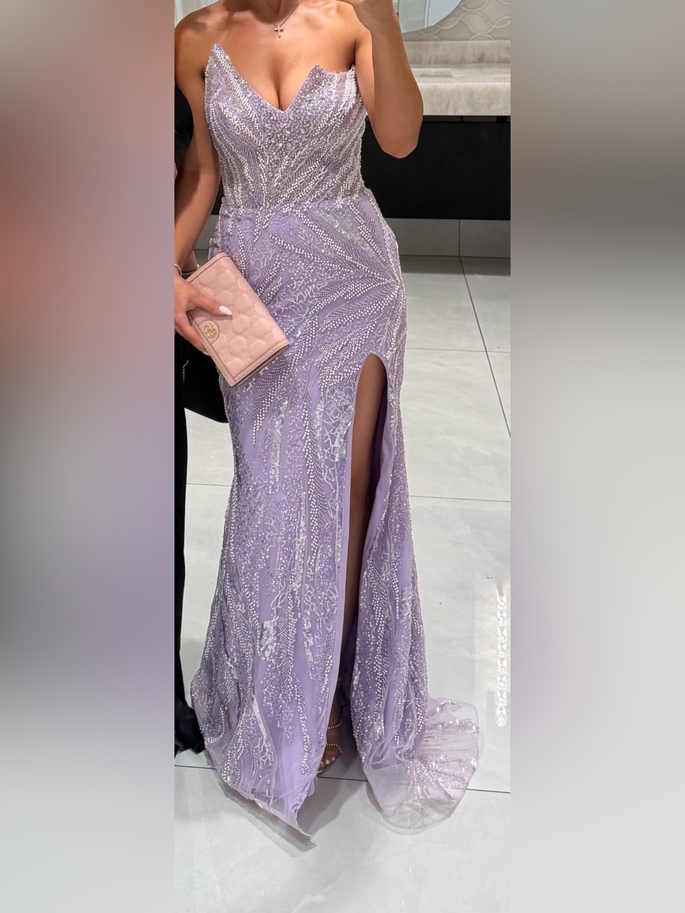 Lavender Beaded Maxi Dress with Side Thigh Slit
